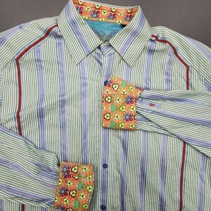 EUC Robert Graham VIVD Floral Flip Cuff Dress Shirt Bubble Stripe Embroidered M